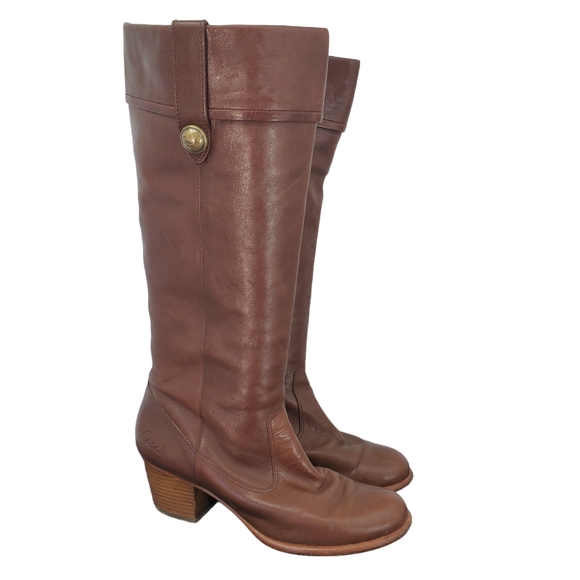 Coach Fayth Whiskey Leather Pull On Round Toe Knee High Riding Boots Brown 10 - Picture 1 of 11